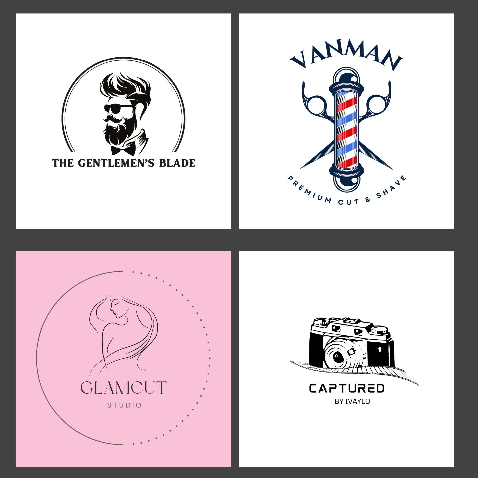 колаж - 4 лого дизайна, изработени от Studio ELSCAPE - подпомагаме малки бизнеси като фризьори, фотографи, студио за красота и т.н.