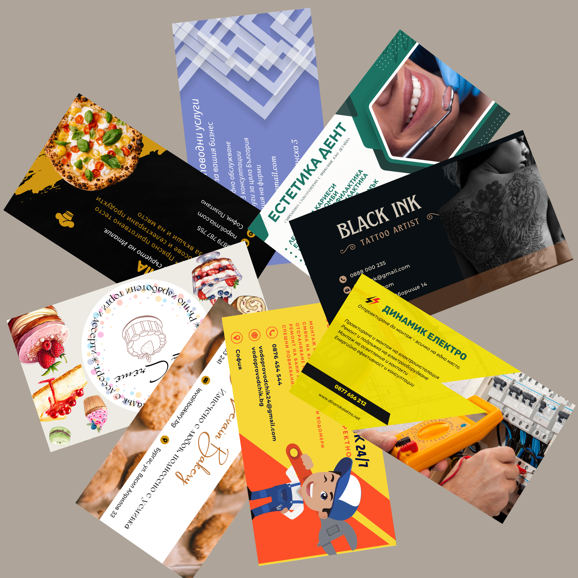 колаж - 8 визитки на различни бизнес предприемачи и малки фирми от Studio ELSCAPE